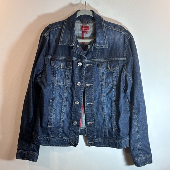TOMMY HILFIGER Sz L  Vintage Mid-Wash Many Pockets Trucker Denim Jean Jacket - Picture 1 of 13